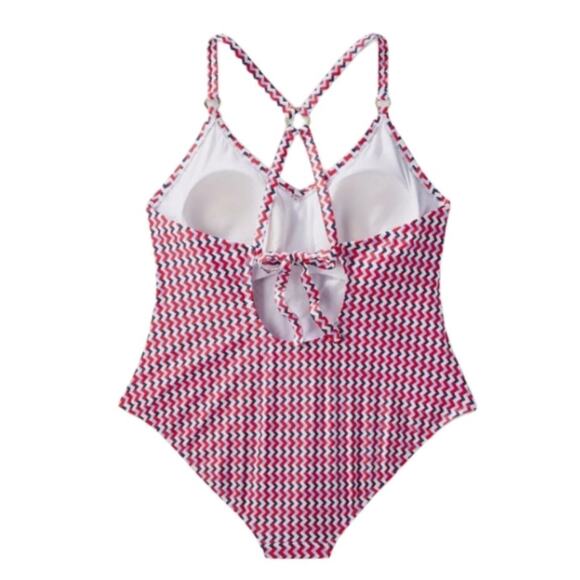 Kona Sol One-Piece Swimsuit Women’s Size 18 Red White Blue Zigzag Strappy Back - Picture 2 of 15